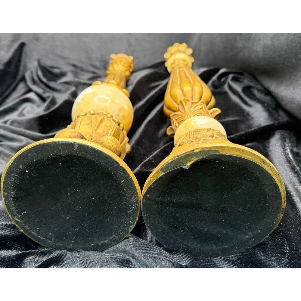 Vintage Stone & Gilt Resin Candlestick Set French Country Decor